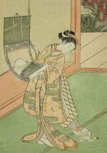 Swastika Prints: Hanging a Painting (parody of the Third Princess), c. 1767. Creator: Suzuki Harunobu