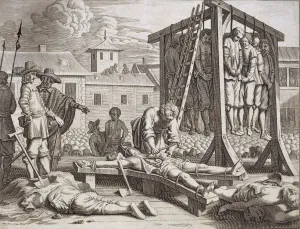 Barbaric Prints: Hangings and torture, pub. 1672. Creator: Philip Baldaeus (1632-1672)