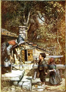 Hansel and Gretel and the Witch on the doorstep of her cottage. Artist: Arthur Rackham Hansel and Gretel and the Witch on the doorstep of her cottage. Artist: Arthur Rackham