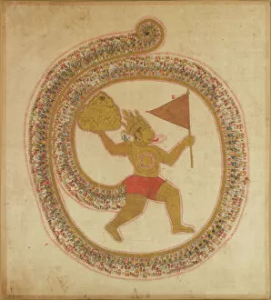 Herb Gallery: Hanuman Bearing the Mountaintop with Medicinal Herbs, ca. 1800. Creator: Unknown