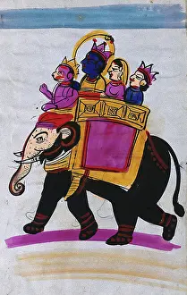 Monkies Prints: Hanuman leading an elephant carrying Rama, Sita and Laksmana. Creator: Unknown