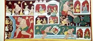 Bhagavatapurana Collection: Hanuman, the Monkey-Demon, causing mischief among men, c1730