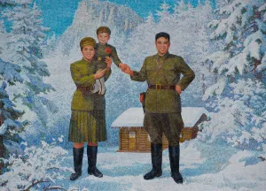 North Korea Prints: Happy Family. Kim Il-sung and his wife Kim Jong-suk with son Kim Jong-Il