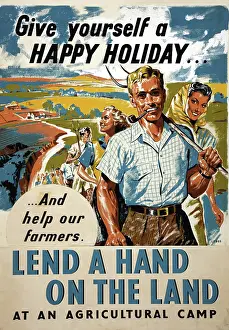 Voluntary Prints: Give Yourself A Happy Holiday Lend A Hand On The Land poster, WWII. Creator: Mary Le Bon
