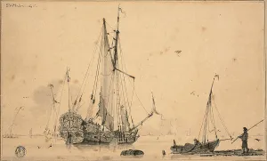 Galley Prints: Harbor Scene with Ships and Fisherman, 1698. Creator: Sieuwert van der Meulen