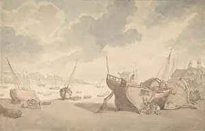 Repairs Prints: Harbor scene with the tide out, and beached boats, 1775-1827. Creator: Thomas Rowlandson