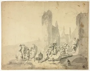 Nicolaes Berghem Prints: Harborside Scene with Various Figures, n