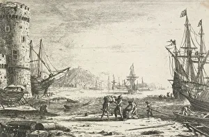Dock Worker Prints: Harbour with a large tower, c.1641. Creator: Claude Lorrain