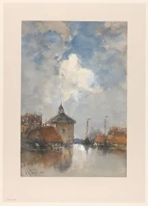 Round Tower Prints: Harbour view with ships and a round tower, 1895. Creator: Johannes Gysbert Vogel