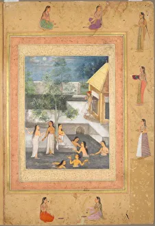 Ink And Colour On Paper Collection: Harem Night-Bathing Scene (recto): Calligraphy Framed by an Ornamental Border...(verso), c