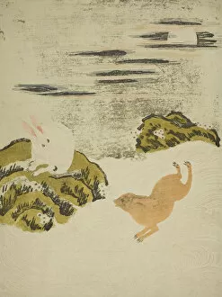 Images Dated 14th December 2021: Hares Playing in Surf on a Moonlit Night, c. 1771. Creator: Isoda Koryusai