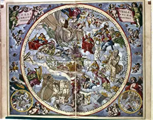 Harmony Prints: Harmonia Macrocosmica, engraving with Bible passages by Andreas Cellarius