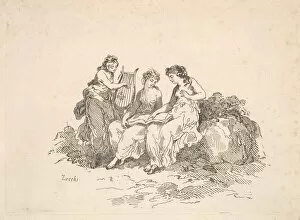 Nymphs Gallery: Harmony - Two Nymphs Singing, Another Playing a Lyre, 1784-88. Creator: Thomas Rowlandson