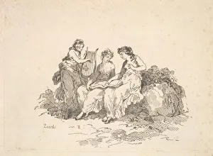 Harmony Prints: Harmony - Two Nymphs Singing, Another Playing a Lyre, 1784-88. Creator: Thomas Rowlandson