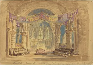 Harold Scene 3 Cathedral (The relics covered with cloth at centre). Creator: Robert Caney