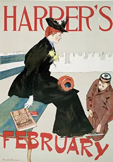 Park Bench Prints: Harper's February, c1890 - 1907. Creator: Edward Penfield
