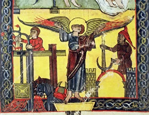Beatus Collection: Harvest, grape harvest and the winepress of the wrath of God, detail, miniature in