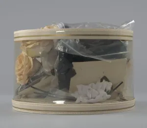 Hat box filled with tools and materials from Maes Millinery Shop, 1941-1994