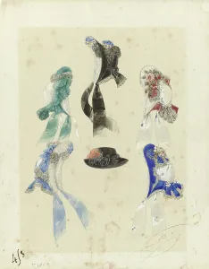 Artificial Flowers Prints: Six hats, c.1859. Creator: Laure Noel