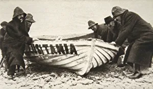 Souwester Prints: Hauling one of the Lusitanias lifeboats onto the beach, Ireland, 8 May 1915