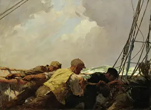 Hauling Prints: Hauling the Mainsail, 1933. Creator: Arthur Briscoe