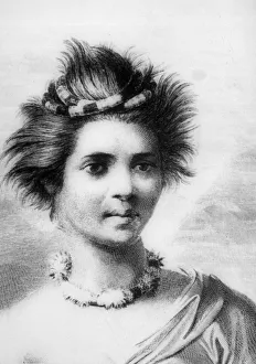 Hawaii Prints: Hawaiian woman wearing a feather leis, 18th century. Artist: John Webber