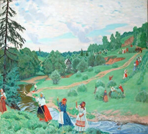 Kustodiev Gallery: Hay Making, 1917. Artist: Kustodiev, Boris Michaylovich (1878-1927)
