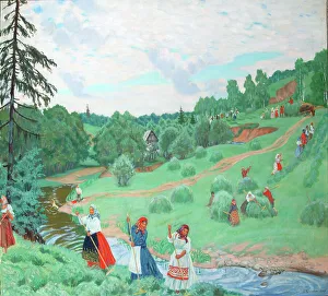 Kustodiev Gallery: Hay Making, 1917. Artist: Kustodiev, Boris Michaylovich (1878-1927)