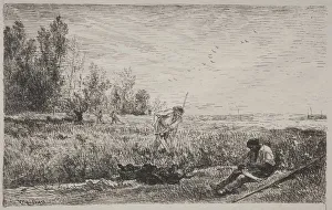 Hay-making, original impression 1862, printed in 1921. Creator: Charles Francois Daubigny Hay-making, original impression 1862, printed in 1921. Creator: Charles Francois Daubigny