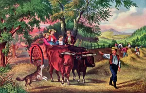 Oxen Prints: Haying Time, The First Load, 1868. Artist: Currier and Ives