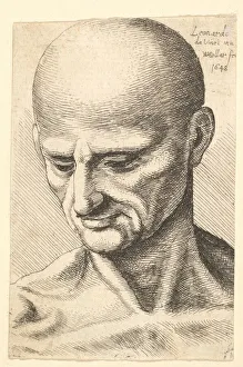 Da Vinci Leonardo Prints: Head of a bald, sinewy man looking downwards, 1648. Creator: Wenceslaus Hollar