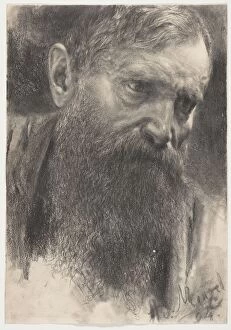 Worried Collection: Head of a Bearded Man in Half-Profile, 1894. Creator: Adolph Menzel