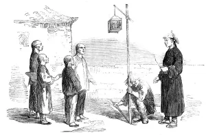 Shocked Prints: Head of a Chinese Criminal exposed in a Cage to his Children...1857. Creator: Unknown