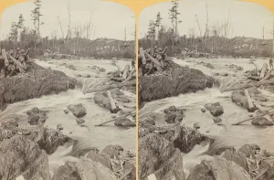 Logging Prints: At the Head of the Falls above Thompson, 1889. Creator: Henry Hamilton Bennett