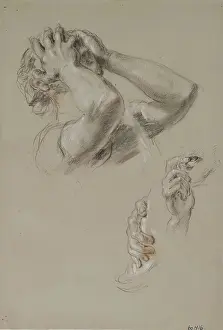 Chalk On Paper Prints: Head with Hands hiding Face, Study of Hands, c1825-1849. Creator: William Allan