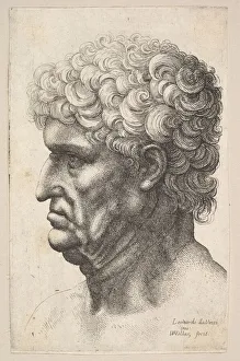 Da Vinci Leonardo Prints: Head of a man with thick curly hair in profile to the left, 1640-49