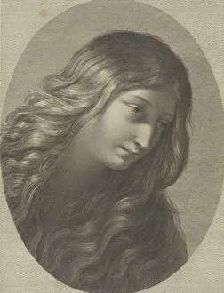 Guido Prints: The head of Mary Magdalene looking down to the right, in an oval frame, after Ren... ca
