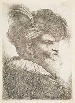 Castiglione Gallery: Head of an old man facing right, from the series of Large Oriental Heads, ca. 1645-1650