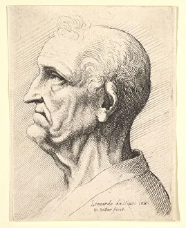 Da Vinci Leonardo Prints: Head of an old man with tufts of curly hair around ear in profile to left, 1644-52