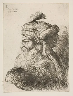 Castiglione Gallery: Head of an old man with a turban facing left, from the series of Small Heads in... ca