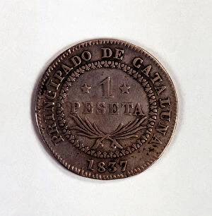 Head of a one-peseta coin in silver, reign of Elizabeth II, 1837. Catalonia