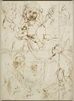 Brown Indian Ink On Paper Gallery: Heads and figures, ca 1478. Creator: Leonardo da Vinci (1452-1519)