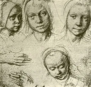 Silverpoint Prints: Four Heads of a Young Girl and Two Hands, c1500-1505, (1908). Creator: Gerard David