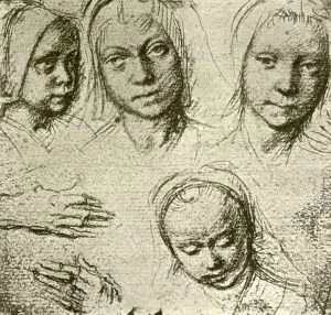 Gerard David Gallery: Four Heads of a Young Girl and Two Hands, c1500-1505, (1908). Creator: Gerard David