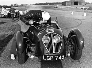 Healey Prints: Healey Silverstone, H. Kemp at Snetterton 1953. Creator: Unknown