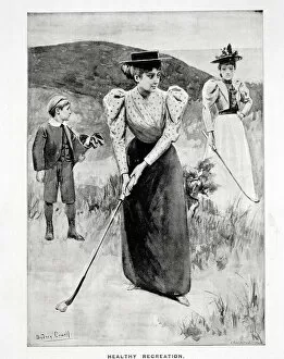 Caddy Gallery: Healthy Recreation; two women golfers and their caddy, c1900