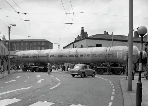Greater Manchester Prints: A heavy load stops the Manchester traffic, 1962. Artist: Michael Walters