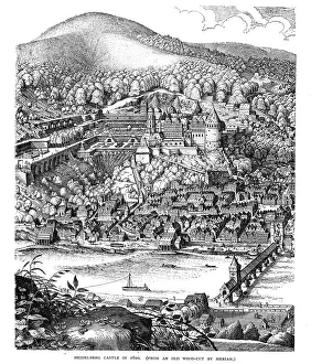 Heidelberg Castle and town viewed across the Neckar river, Germany, in 1620 Heidelberg Castle and town viewed across the Neckar river, Germany, in 1620