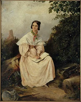Designer Prints: Héloïse Colin dessinant dans la campagne nîmoise, 1836. Creator: Alexandre-Marie Colin