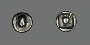 Grey Background Collection: Hemidrachm (?) (Coin) Depicting a Shield, early 4th century BCE. Creator: Unknown